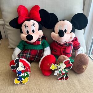 Disney Store Exclusive 2012 Christmas Mickey & Minnie Plush w/ Vintage Ornaments
